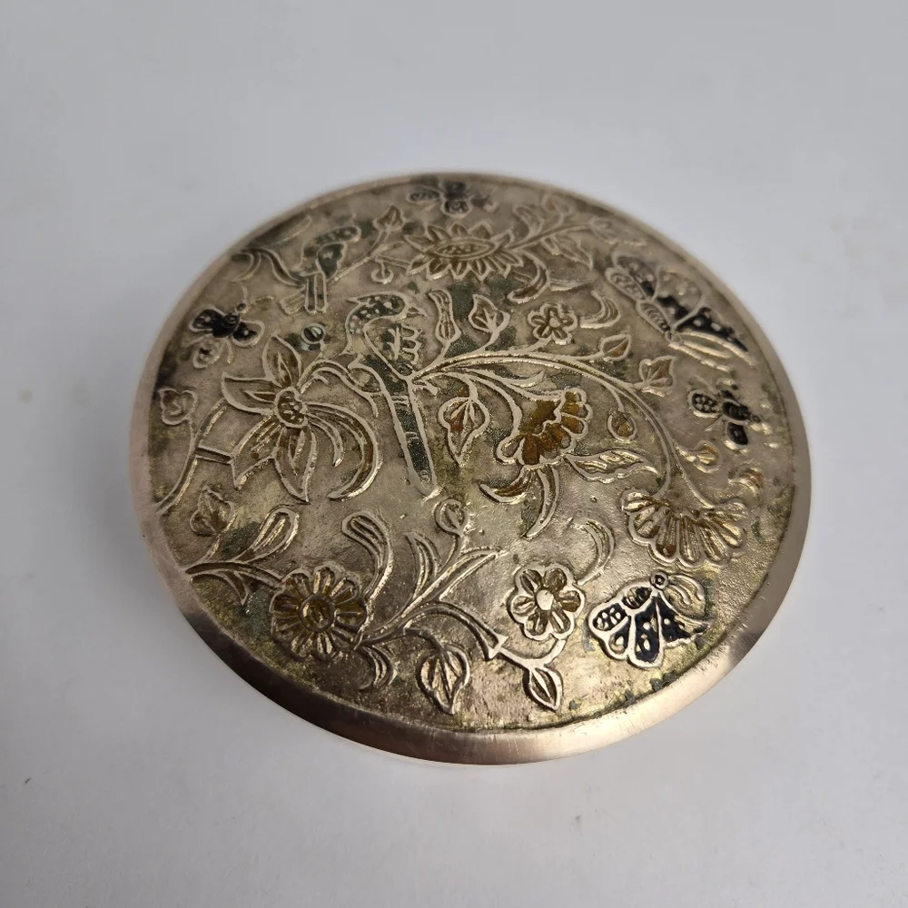 Vintage MCM Brass Floral Etched Round Trinket Dish India